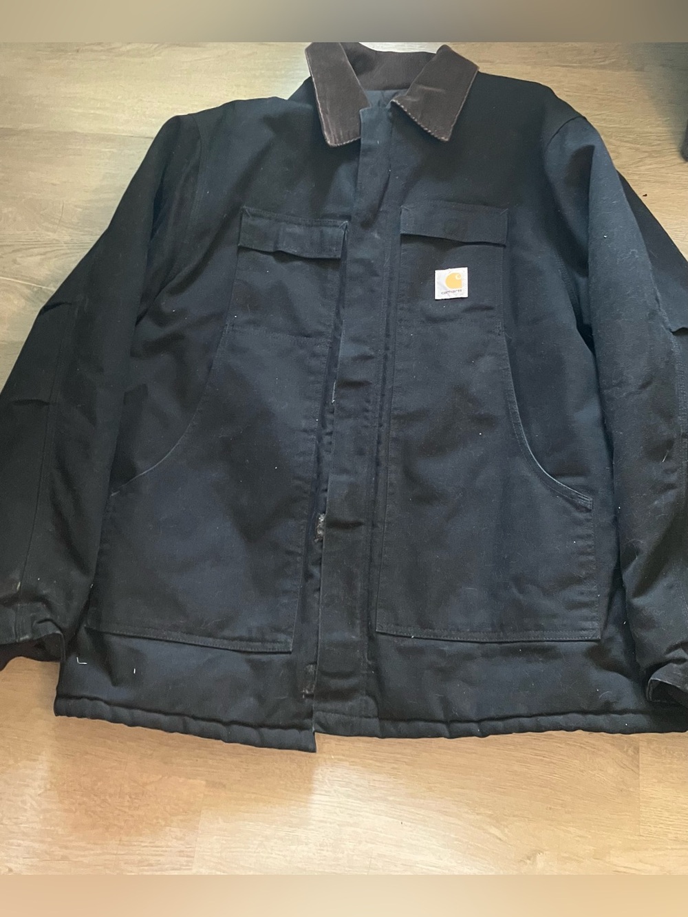 Carhartt Black Insulated Work Jacket with Brown Corduroy Collar
